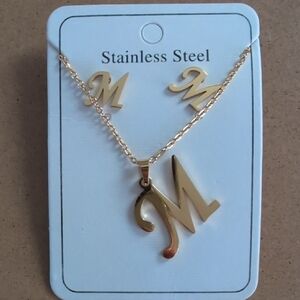 Gold Initial 'M' Necklace and Earrings Set